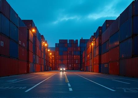 International trade shipping containers at night