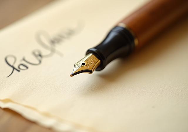 Close up of a classic fountain pen on parchment paper
