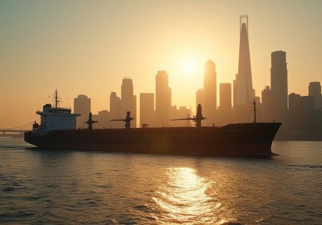 Panoramic view of London's Canary Wharf and maritime trade routes